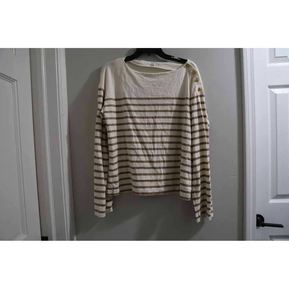 Rag & Bone Cream Brown Striped Long Sleeve Top w/ Shoulder Buttons - Large